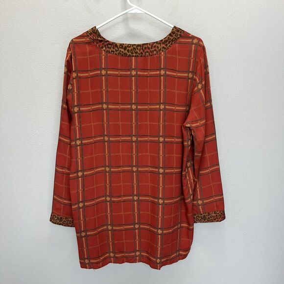 O R A | Ora Vintage Red Plaid Tunic Top Animal Print Trim Medium Off Center Neck - Picture 5 of 5